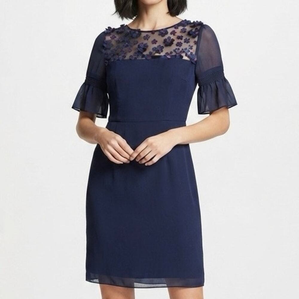 Karl Lagerfeld Paris Navy Blue Dress Floral Applique Mesh Yoke Ruffle Sleeve 6